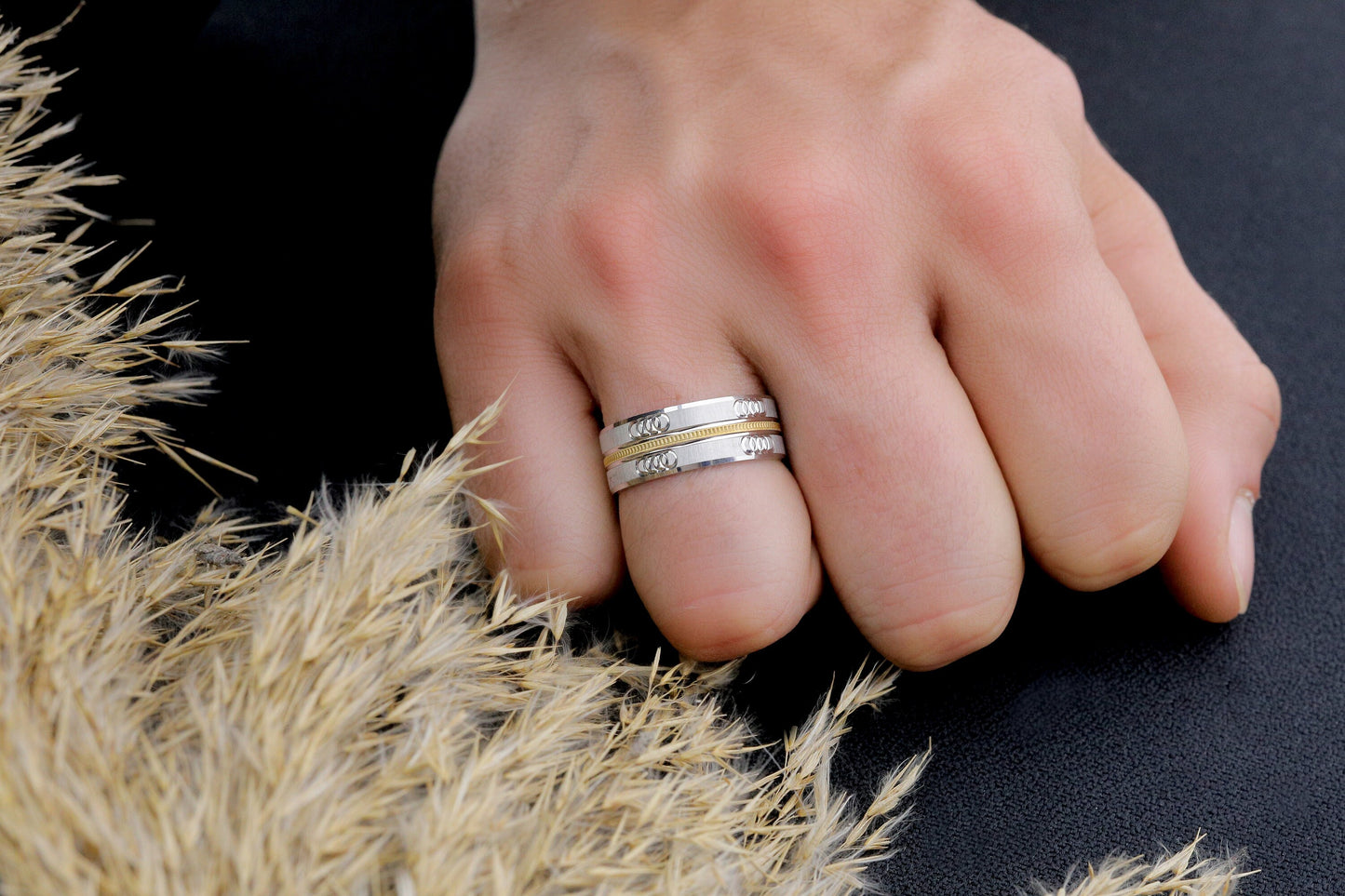 Gold Stripe Engagement Ring Set,Gold wedding bands,925 Sterling Silver Promise Rings For Women and Man,Embroidered engagement rings
