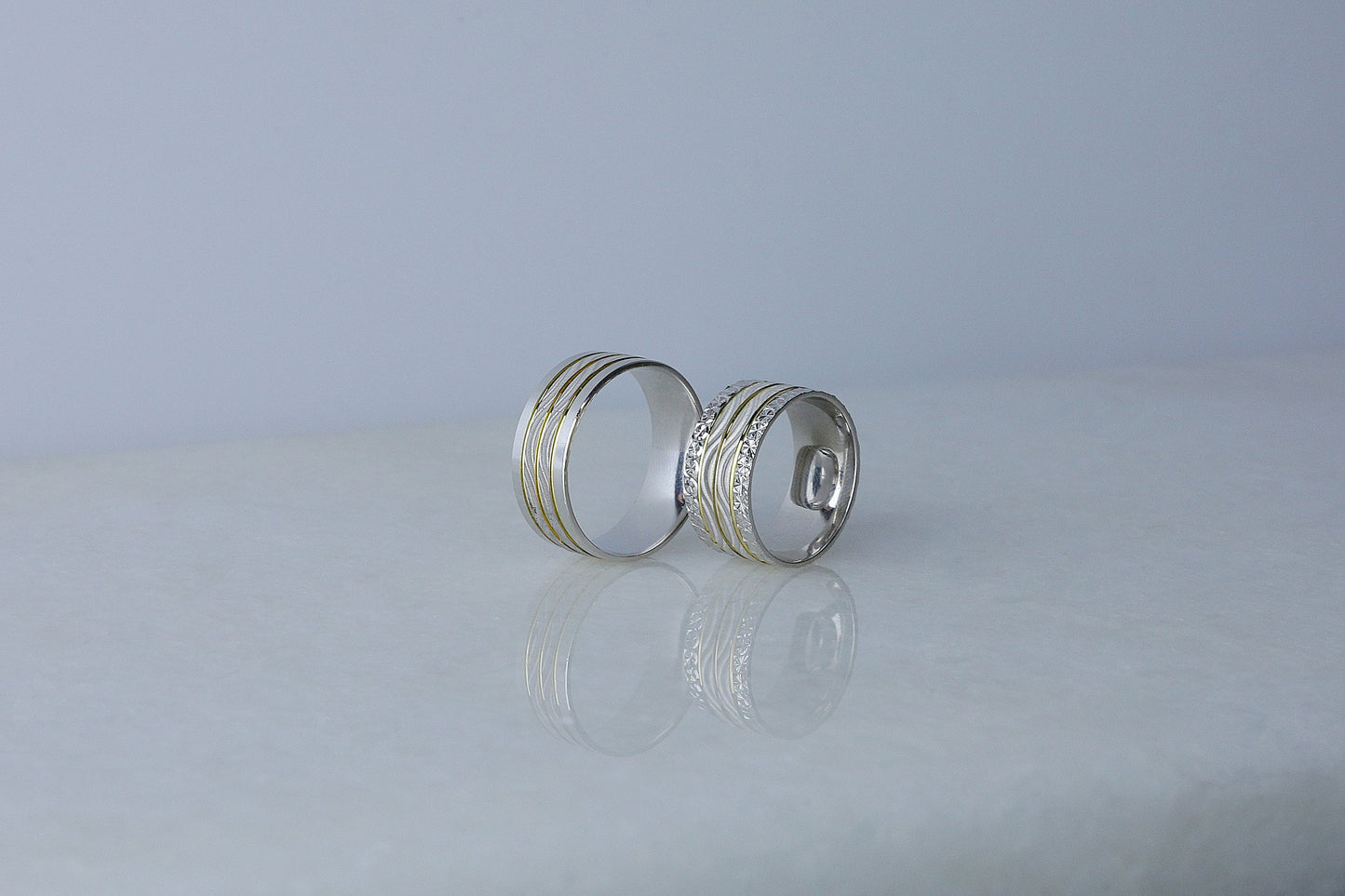 925 Sterling Silver Gold Striped Ring, Pen Embroided Wave Layering Ring, Diamond Shape  Wedding Band, Women's Men's Gold Wedding Band