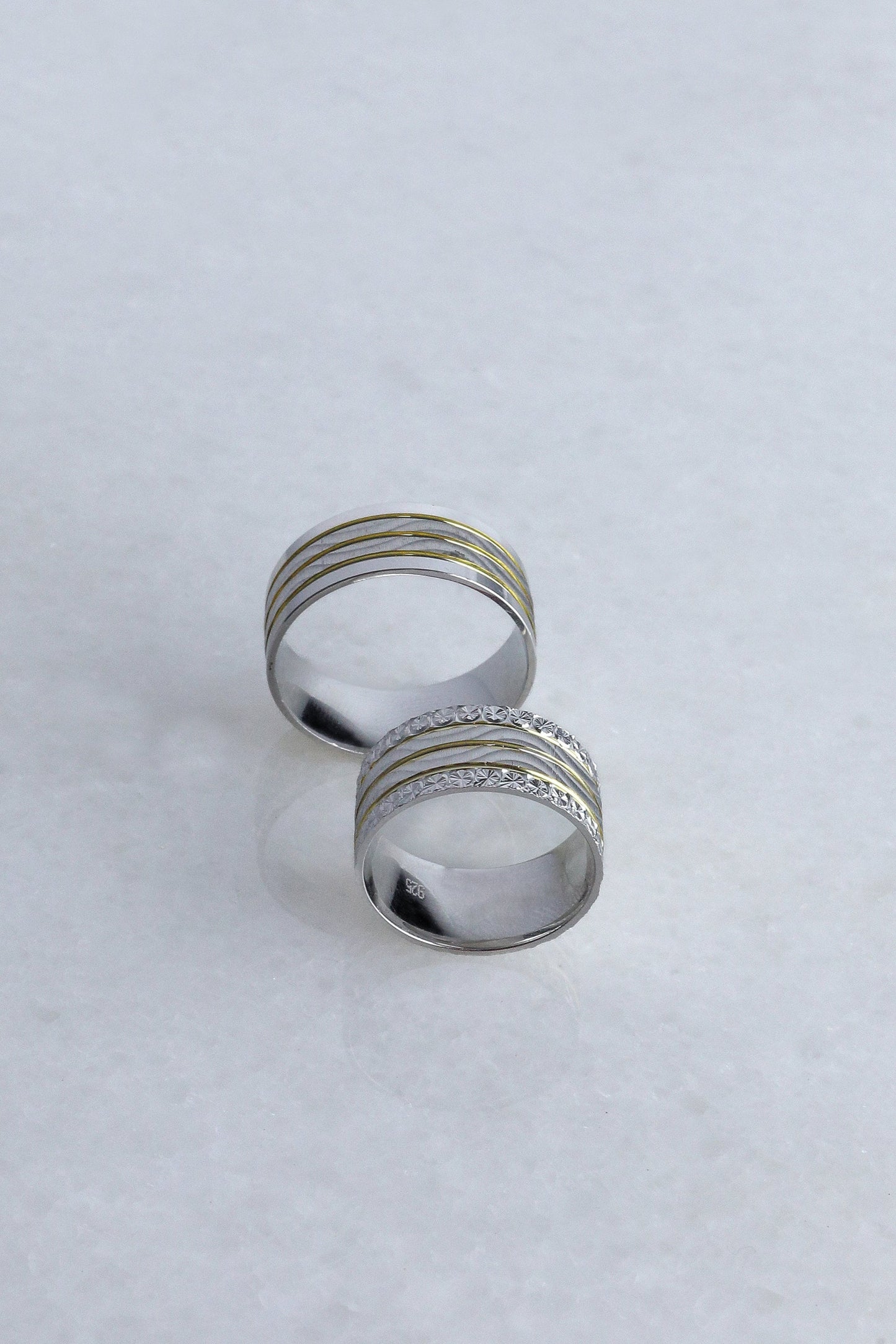 925 Sterling Silver Gold Striped Ring, Pen Embroided Wave Layering Ring, Diamond Shape  Wedding Band, Women's Men's Gold Wedding Band