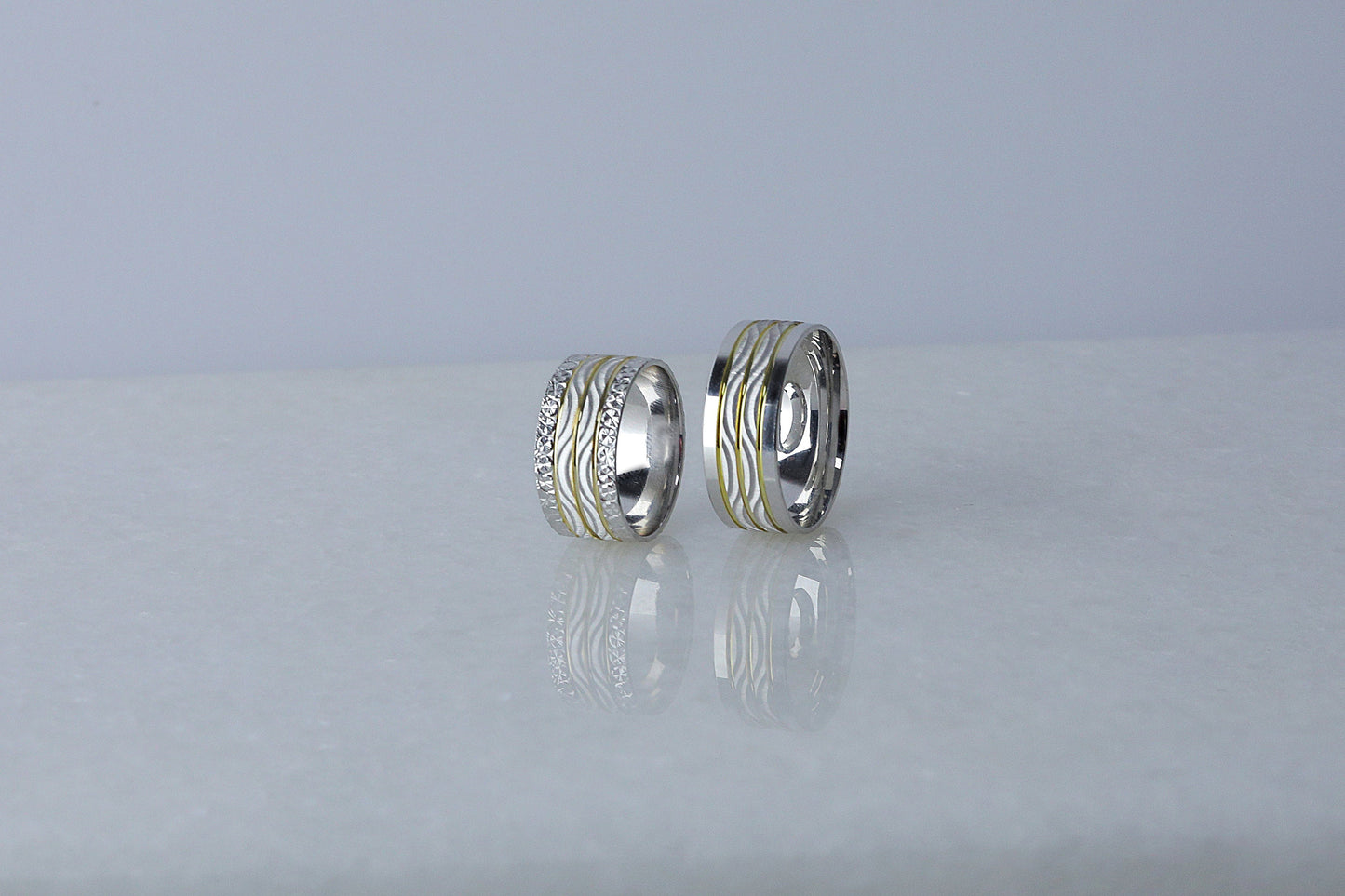925 Sterling Silver Gold Striped Ring, Pen Embroided Wave Layering Ring, Diamond Shape  Wedding Band, Women's Men's Gold Wedding Band