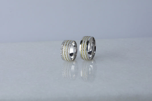 925 Sterling Silver Gold Striped Ring, Pen Embroided Wave Layering Ring, Diamond Shape  Wedding Band, Women's Men's Gold Wedding Band