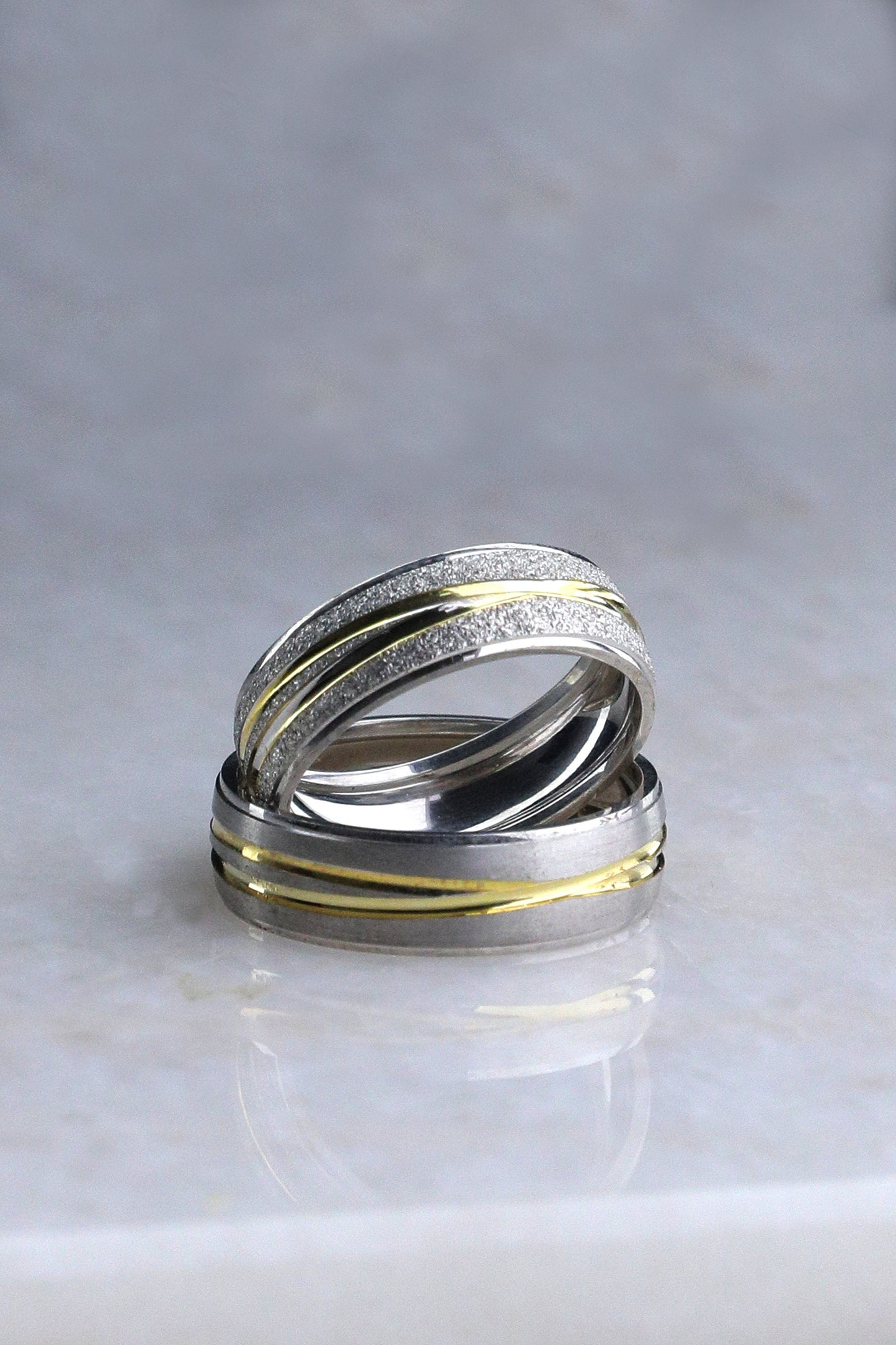 Gold Stripe Engagement Ring Set, Gold wedding rings, 925 Sterling Silver Promise Rings For Women and Man, Sandblasted women ring, Gift for Her