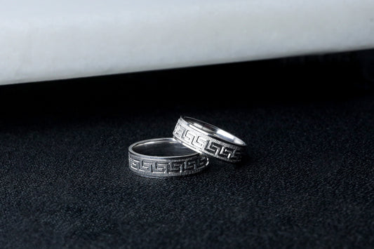 925 Sterling Silver Brused Greek Key Ring, Dainty  Silver Pen Embroidered Ring, Wedding Band, Matching Wedding Rings, Gift for Her Him