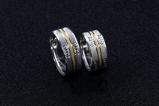 Gold Stripe Engagement Ring Set,Gold wedding bands,925 Sterling Silver Promise Rings For Women and Man,Embroidered engagement rings