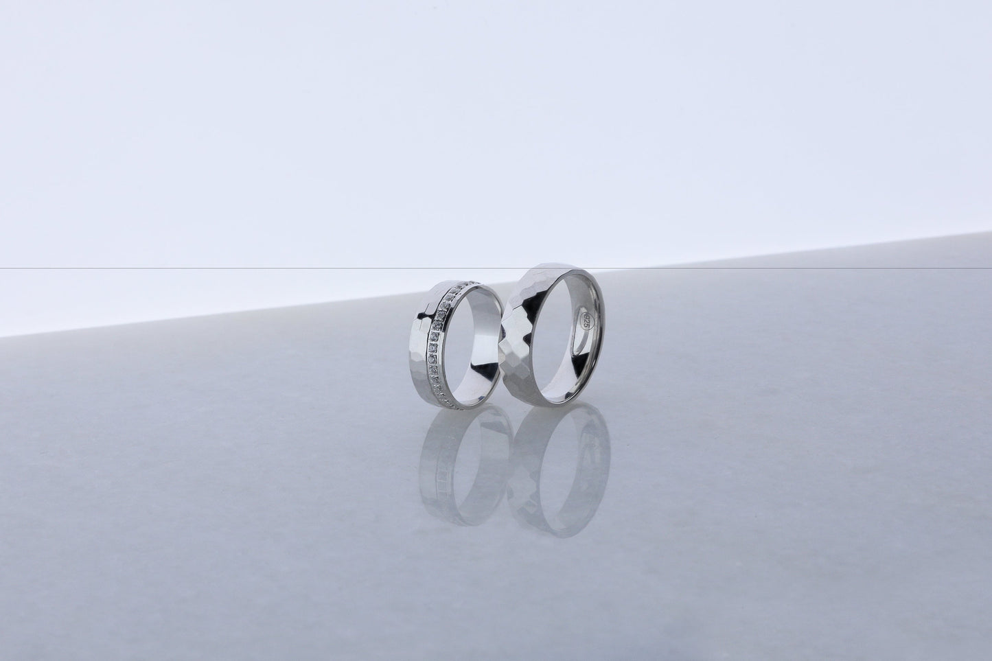 925 Sterling Silver Hammered Wedding Ring Set, Chic Cubic Design Diamond Simulant Silver Ring, Women's Men's Gold Wedding Band, Gift for Her