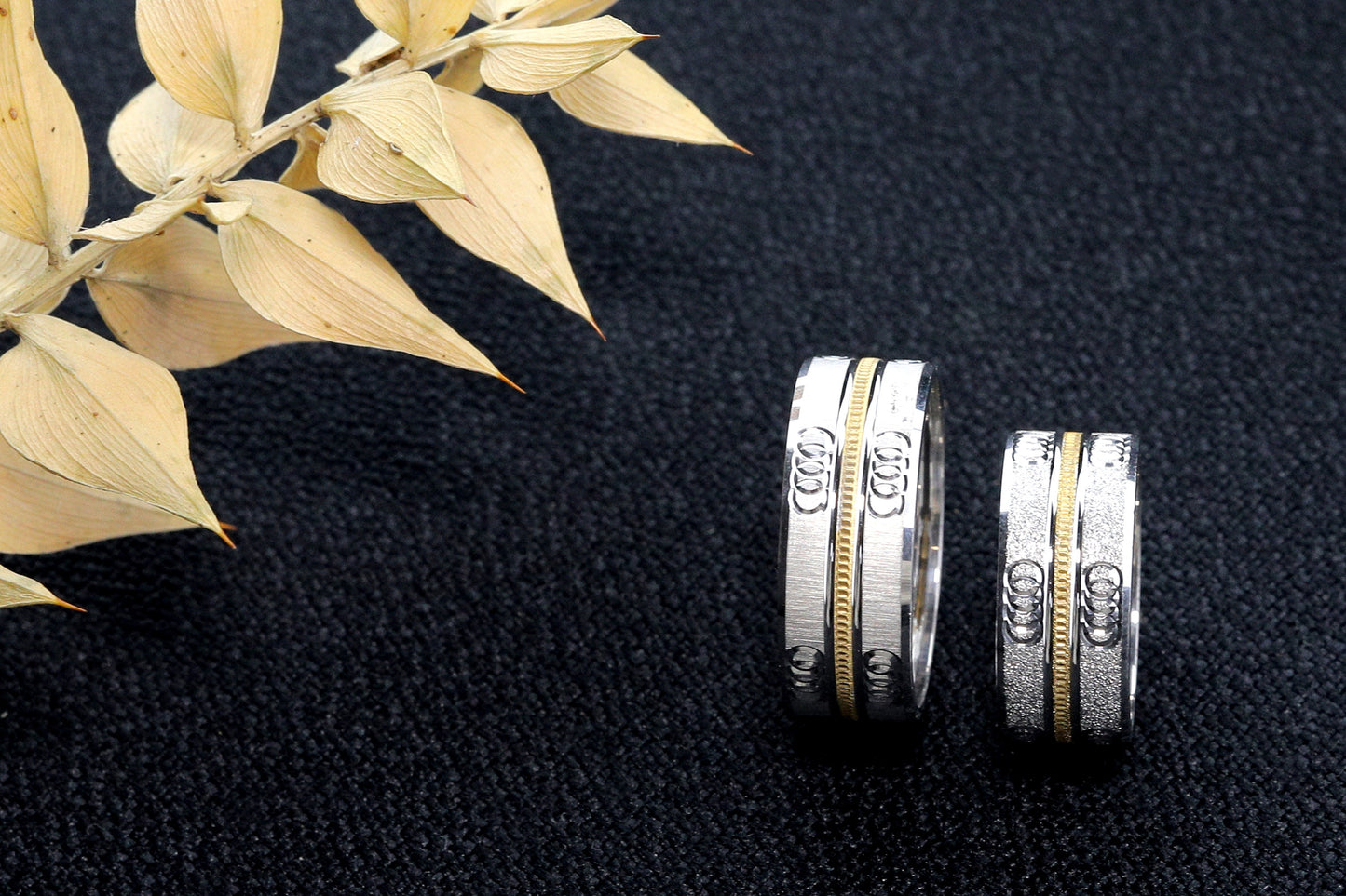 Gold Stripe Engagement Ring Set,Gold wedding bands,925 Sterling Silver Promise Rings For Women and Man,Embroidered engagement rings