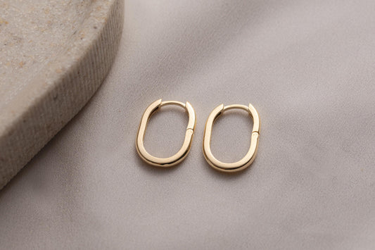 Geometric & Oval Hoop Earrings, Oval Huggie Hoop Earrings, 14K Gold Plated Minimalist Dainty Hoop Earrings, Gold Oval Hoop Earrings
