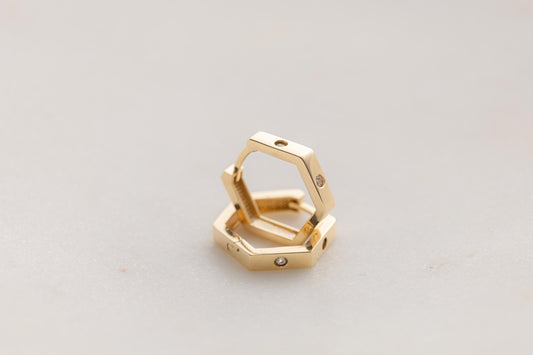 14k Gold Hexagon Huggie Hoop Earrings, Geometric Gold Earrings, Minimalist CZ Hoop, Modern Small Gold Hoops, Dainty Hexagon Earrings