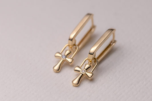 Gold Cross Charm Huggie Hoop Earrings, Dainty CZ Cross Earrings, Minimal Gold Hoop Earrings, Christian Faith Jewelry Gift
