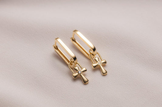 Minimal Gold Cross Huggie Earrings, Small CZ Cross Hoop Earrings, Faith Inspired Gold Earrings, Bridesmaid Jewelry Gift