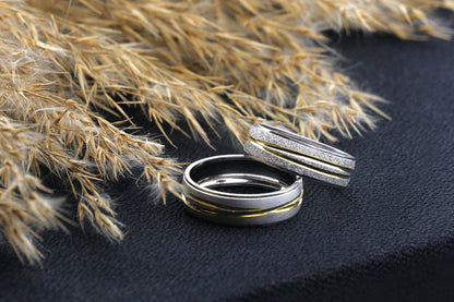 Gold Stripe Engagement Ring Set, Gold wedding rings, 925 Sterling Silver Promise Rings For Women and Man, Sandblasted women ring, Gift for Her