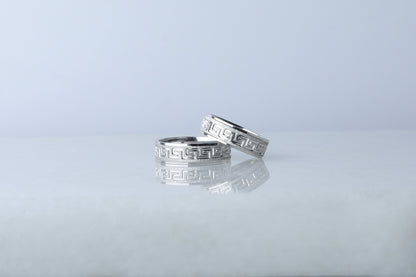 925 Sterling Silver Brused Greek Key Ring, Dainty  Silver Pen Embroidered Ring, Wedding Band, Matching Wedding Rings, Gift for Her Him