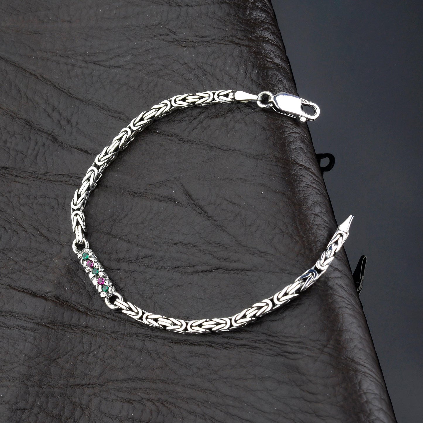 925 Sterling Silver Gemstone King Bracelet, Real Silver Gemstone Byzantine Bracelet, Handmade Square Chain, Minimalist Jewelry for Men