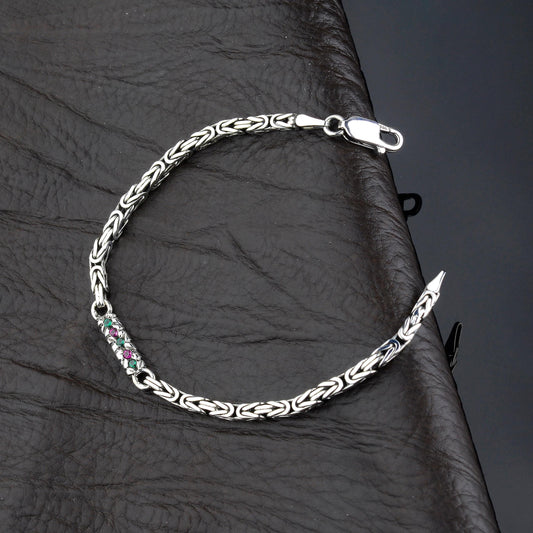 925 Sterling Silver Gemstone King Bracelet, Real Silver Gemstone Byzantine Bracelet, Handmade Square Chain, Minimalist Jewelry for Men