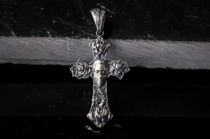 925 Sterling Silver Cross Pendant, Orthodox Cross Necklace, Rose Engraved Charm, Silver Religious Pendant, Engraved Christian Gift