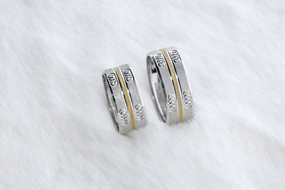 Gold Stripe Engagement Ring Set,Gold wedding bands,925 Sterling Silver Promise Rings For Women and Man,Embroidered engagement rings