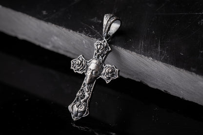 925 Sterling Silver Cross Pendant, Orthodox Cross Necklace, Rose Engraved Charm, Silver Religious Pendant, Engraved Christian Gift