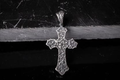 925 Sterling Silver Cross Pendant, Orthodox Cross Necklace, Rose Engraved Charm, Silver Religious Pendant, Engraved Christian Gift