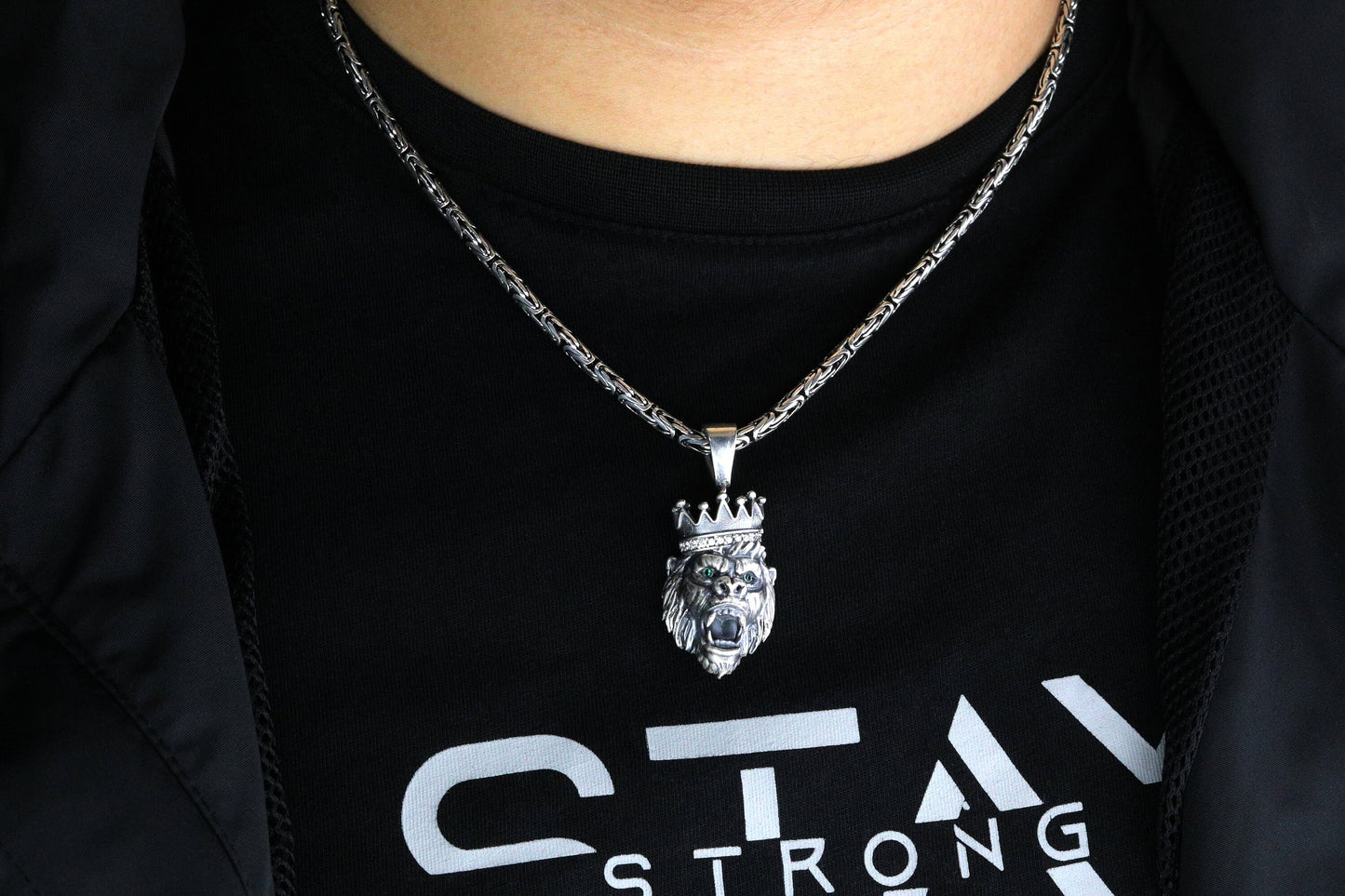 925 Silver Monkey King Chain Necklace, Silver Monkey Pendant, Ape Pendant, Fox Tail Chain, Silver Byzantine Necklace, Gift for Boyfriend