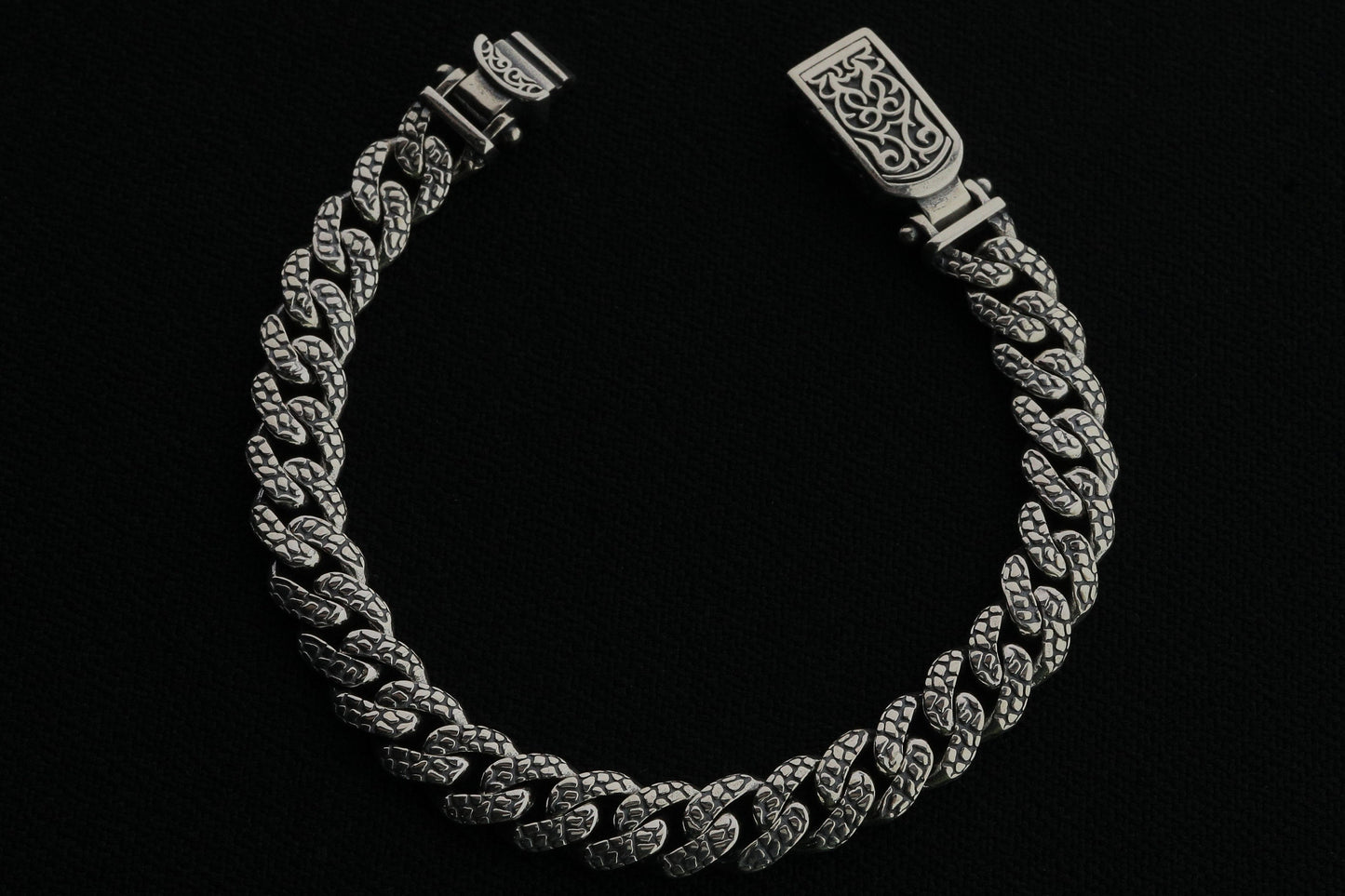 925 Sterling Silver Cuban Bracelet, Rock patterned silver bracelet, 9mm Cuban Link Chain, Handmade Silver Bracelet, Birthday Gift For Her