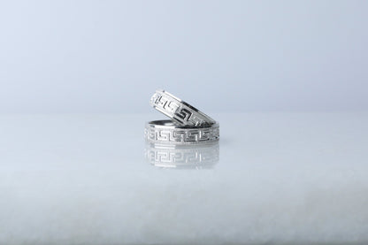 925 Sterling Silver Brused Greek Key Ring, Dainty  Silver Pen Embroidered Ring, Wedding Band, Matching Wedding Rings, Gift for Her Him