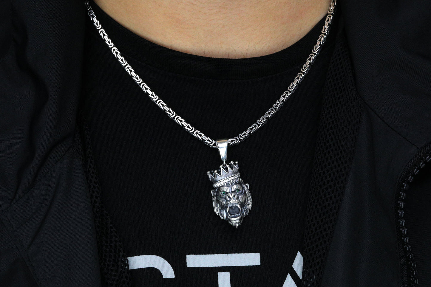 925 Silver Monkey King Chain Necklace, Silver Monkey Pendant, Ape Pendant, Fox Tail Chain, Silver Byzantine Necklace, Gift for Boyfriend