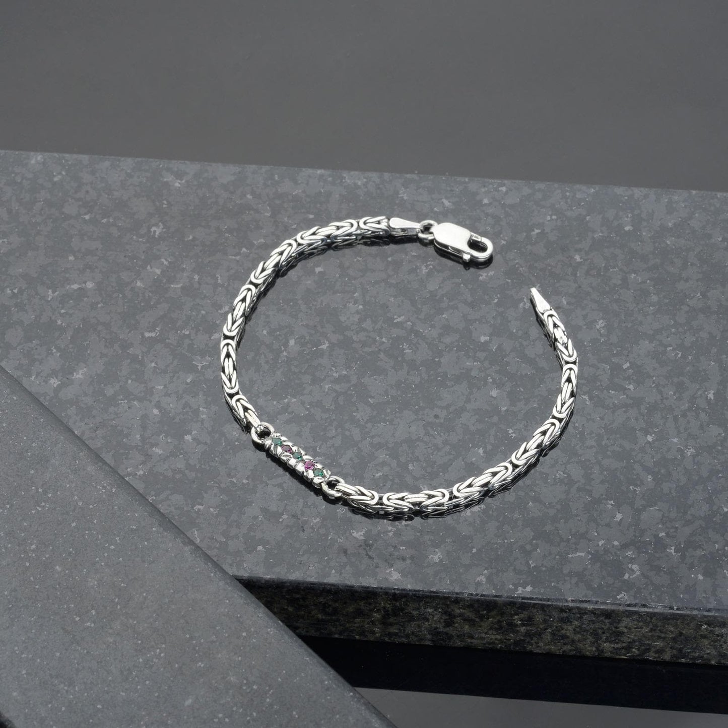 925 Sterling Silver Gemstone King Bracelet, Real Silver Gemstone Byzantine Bracelet, Handmade Square Chain, Minimalist Jewelry for Men