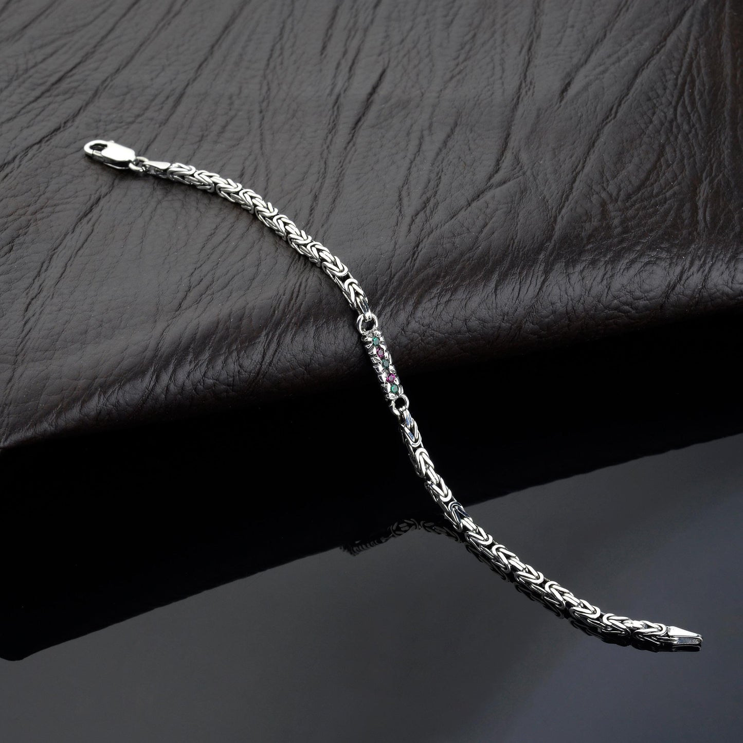 925 Sterling Silver Gemstone King Bracelet, Real Silver Gemstone Byzantine Bracelet, Handmade Square Chain, Minimalist Jewelry for Men
