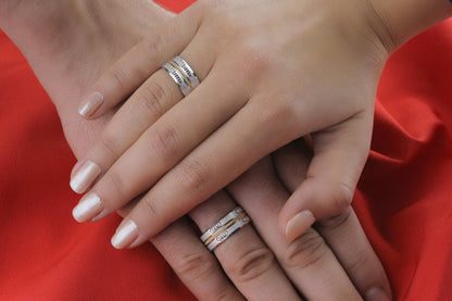 Gold Stripe Engagement Ring Set,Gold wedding bands,925 Sterling Silver Promise Rings For Women and Man,Embroidered engagement rings
