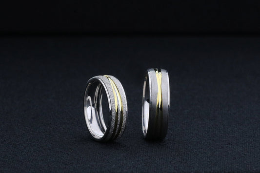 Gold Stripe Engagement Ring Set, Gold wedding rings, 925 Sterling Silver Promise Rings For Women and Man, Sandblasted women ring, Gift for Her