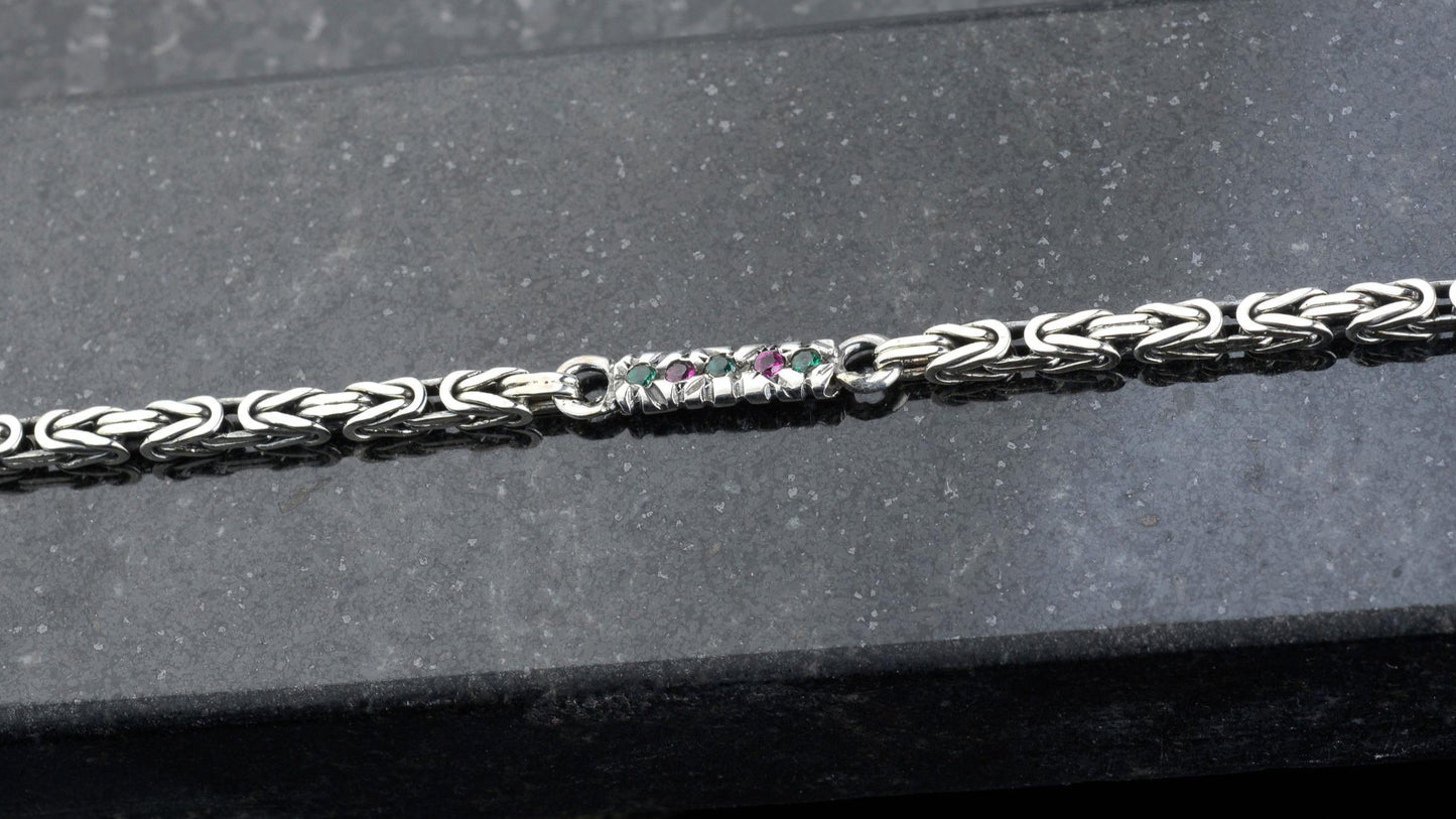925 Sterling Silver Gemstone King Bracelet, Real Silver Gemstone Byzantine Bracelet, Handmade Square Chain, Minimalist Jewelry for Men