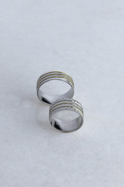 925 Sterling Silver Gold Striped Ring, Pen Embroided Wave Layering Ring, Diamond Shape  Wedding Band, Women's Men's Gold Wedding Band