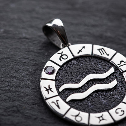Silver Aquarius Zodiac Pendant, Aquarius Horoscope Pendant, Aquarius Birthstone Pendant, Unisex Zodiac Pendant, Unique Zodiac Jewelry