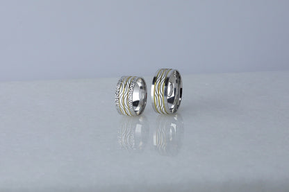 925 Sterling Silver Gold Striped Ring, Pen Embroided Wave Layering Ring, Diamond Shape  Wedding Band, Women's Men's Gold Wedding Band