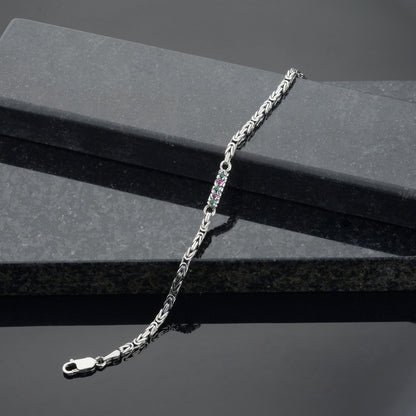 925 Sterling Silver Gemstone King Bracelet, Real Silver Gemstone Byzantine Bracelet, Handmade Square Chain, Minimalist Jewelry for Men
