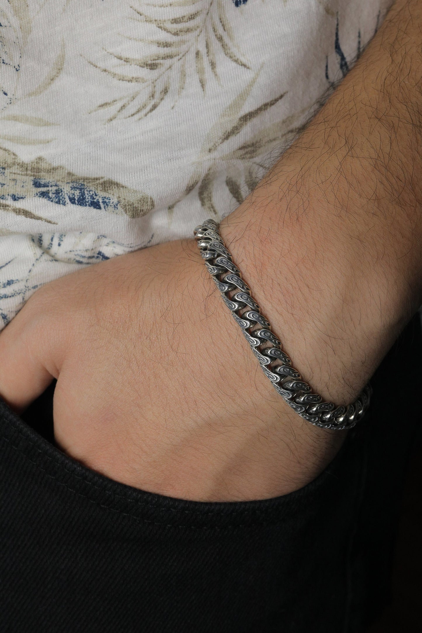 925 Sterling Silver Vintage Bracelet,Cuban Link Chain Bracelet,Mens embroidered bracelet,Handmade Silver Bracelet,Mens Bracelet,Gift for Him