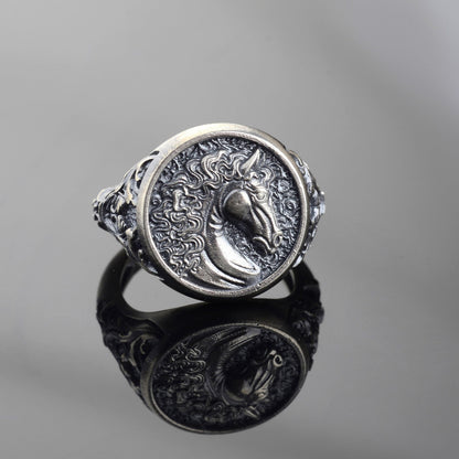 Engraved Horse Head Ring, Sterling Silver Plated, Animal Signet