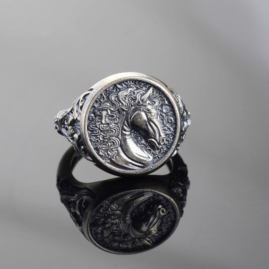 Engraved Horse Head Ring, Sterling Silver Plated, Animal Signet