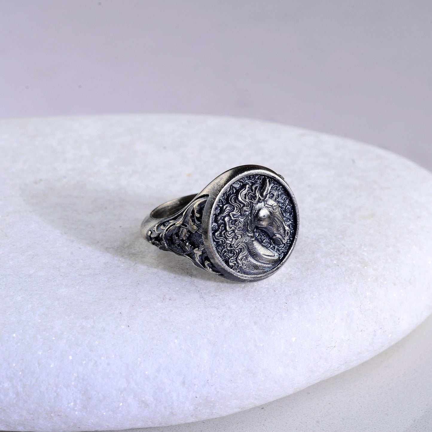 Engraved Horse Head Ring, Sterling Silver Plated, Animal Signet