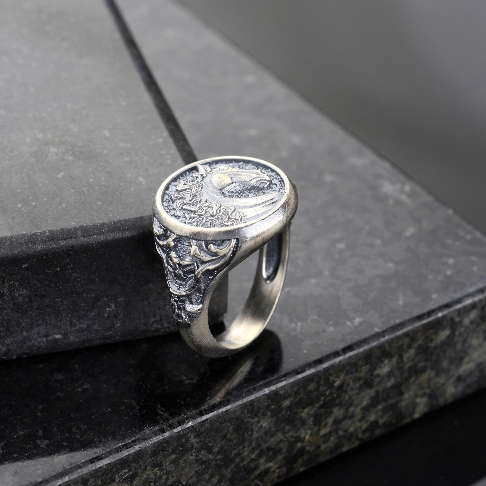 Engraved Horse Head Ring, Sterling Silver Plated, Animal Signet