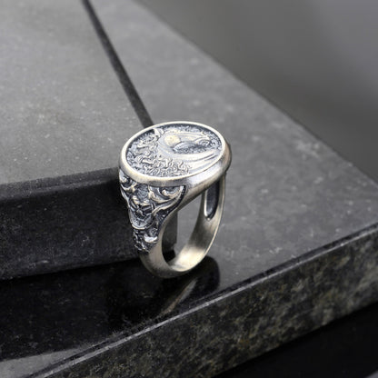 Engraved Horse Head Ring, Sterling Silver Plated, Animal Signet