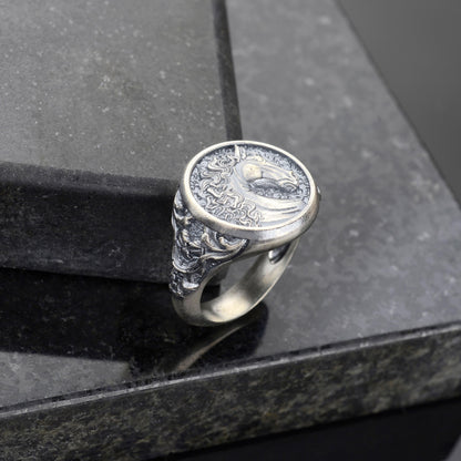Engraved Horse Head Ring, Sterling Silver Plated, Animal Signet