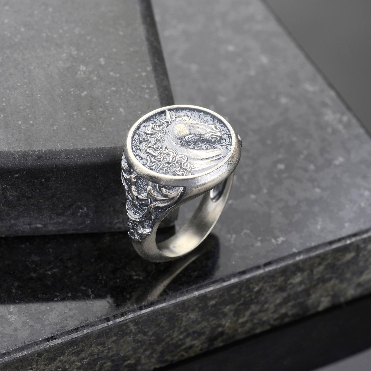 Engraved Horse Head Ring, Sterling Silver Plated, Animal Signet