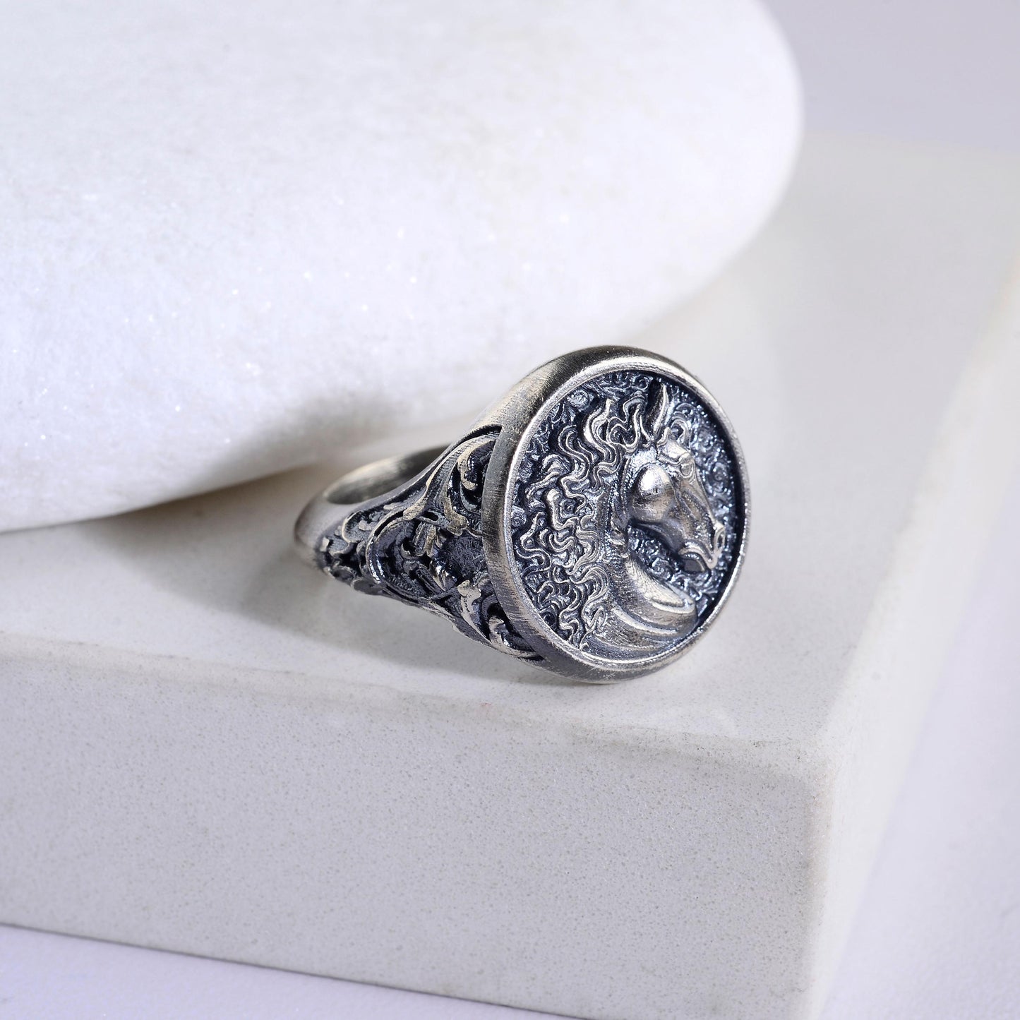 Engraved Horse Head Ring, Sterling Silver Plated, Animal Signet