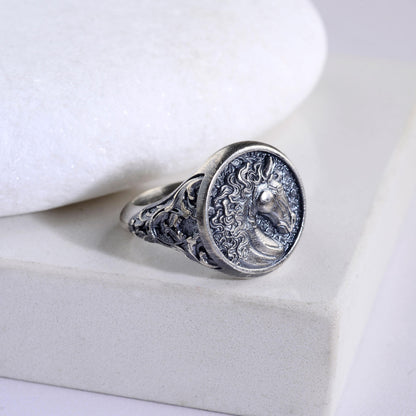 Engraved Horse Head Ring, Sterling Silver Plated, Animal Signet