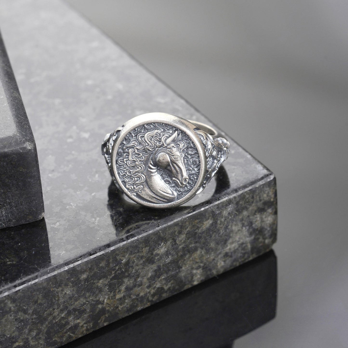 Engraved Horse Head Ring, Sterling Silver Plated, Animal Signet