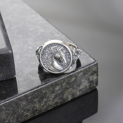 Engraved Horse Head Ring, Sterling Silver Plated, Animal Signet