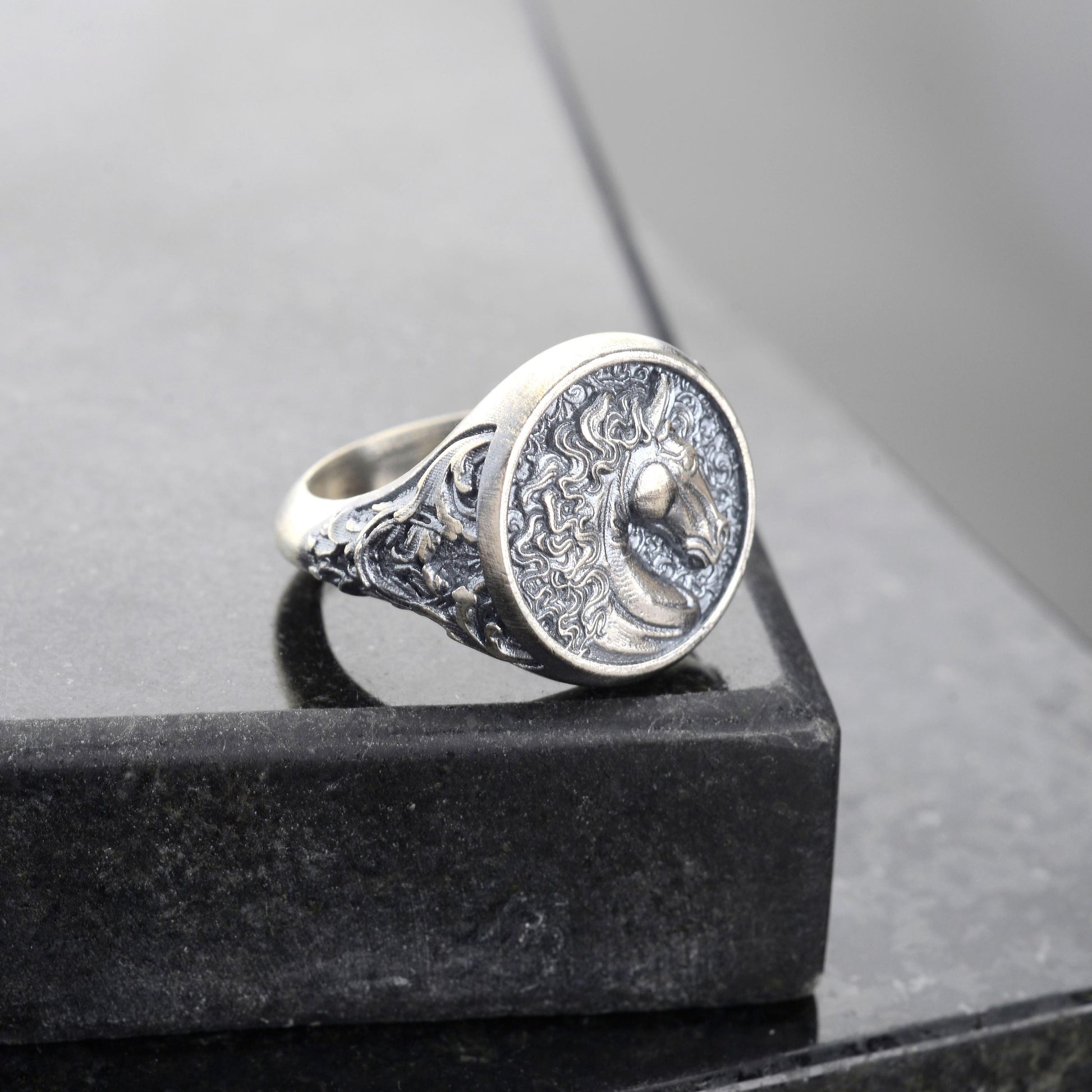 Engraved Horse Head Ring, Sterling Silver Plated, Animal Signet