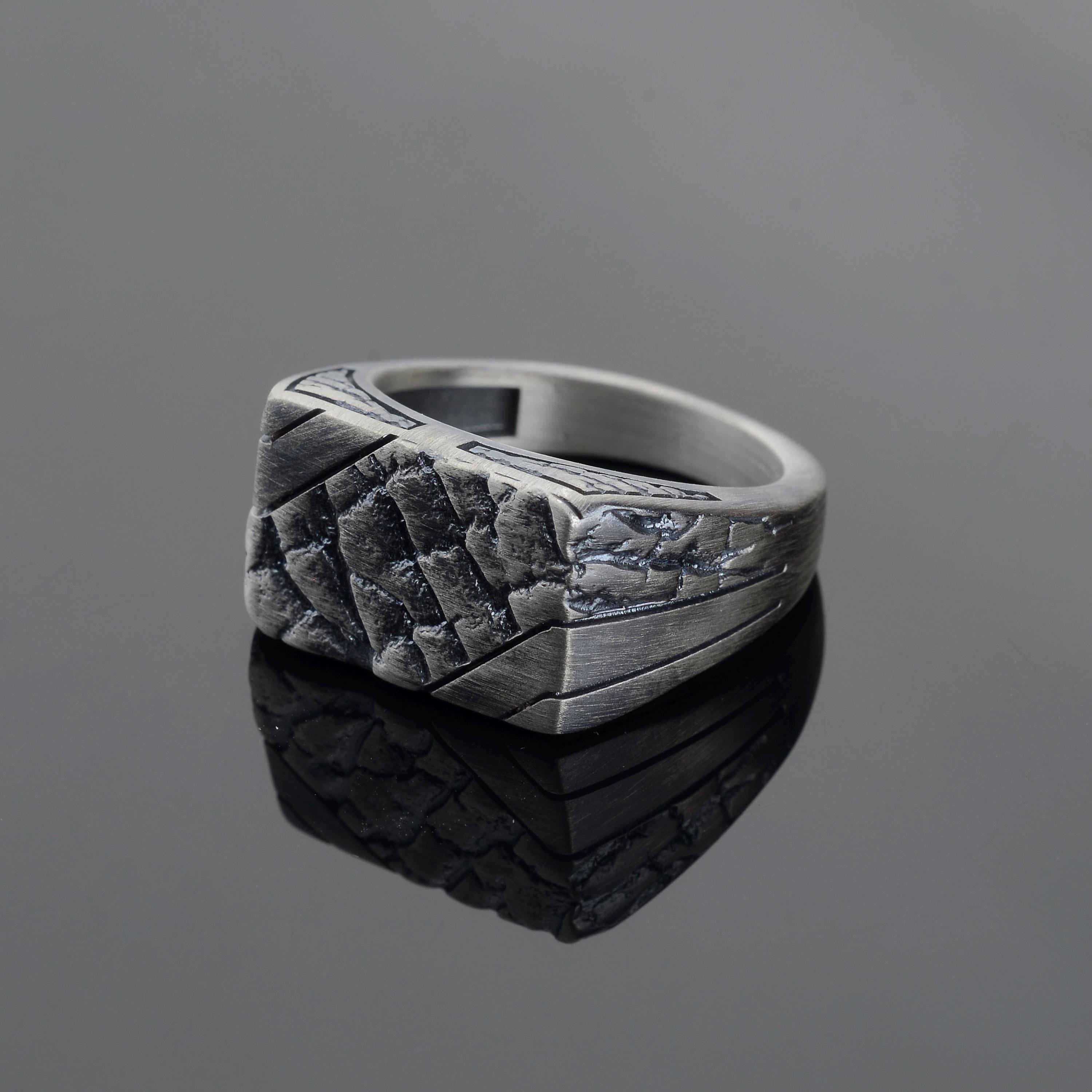 Brutalist Sterling Silver Signet Ring | Broken Stone Textured Men's ...