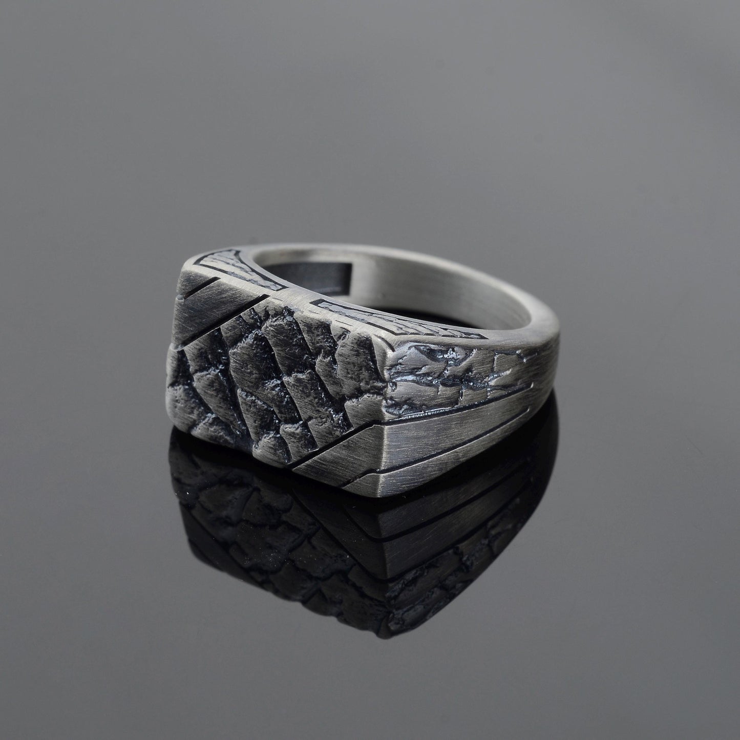 Handmade Brutalist Sterling Silver Signet Ring: Broken Stone Textured Ring